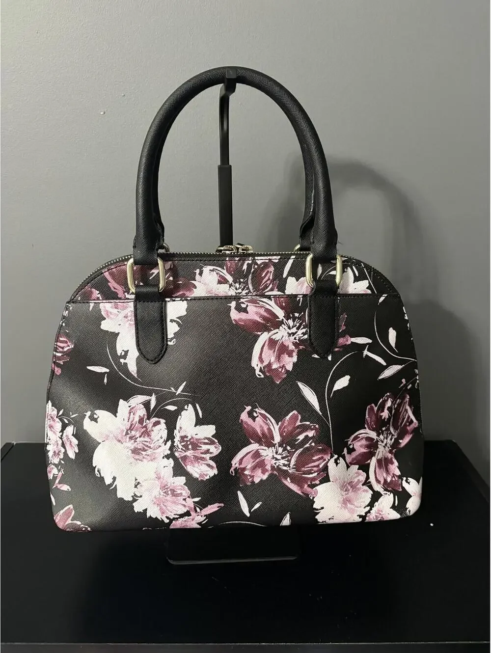 Karl Lagerfeld Paris Saffiano Floral Dome Satchel Handbag - Black & Pink